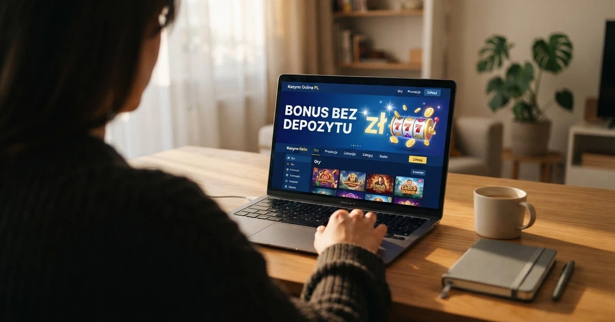 Strona główna kasyna online z widocznym banerem promocyjnym „bonus bez depozytu” i polskim napisem na ekranie laptopa