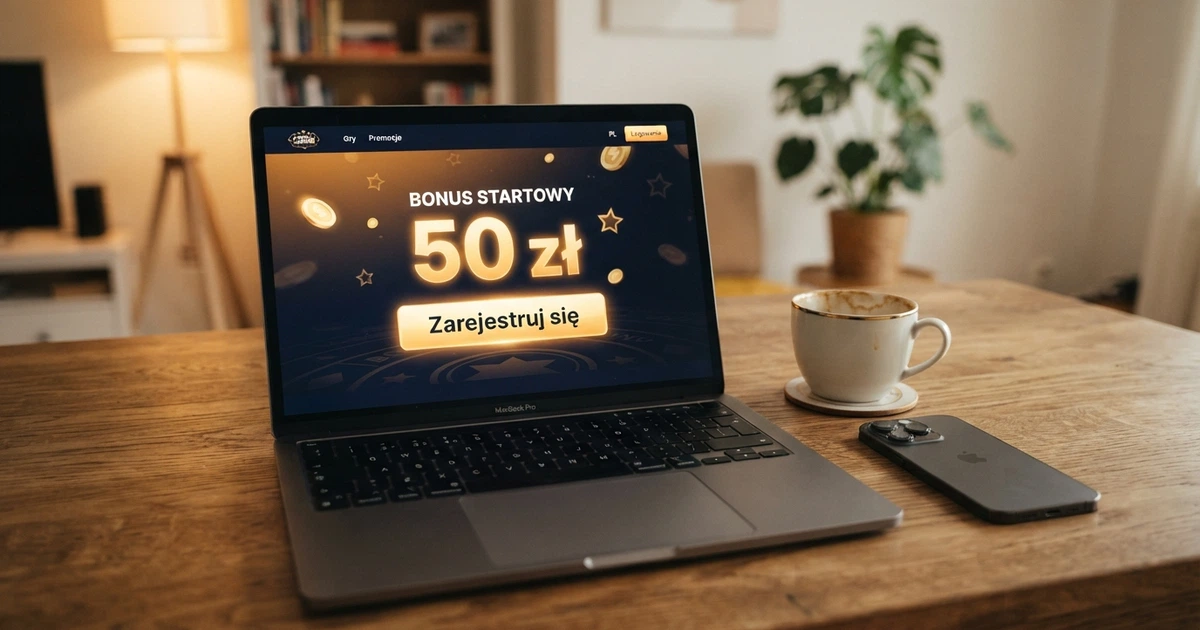 Strona główna kasyna online z widoczną ofertą bonusu bez depozytu 50 zł i przyciskiem „Zarejestruj się”