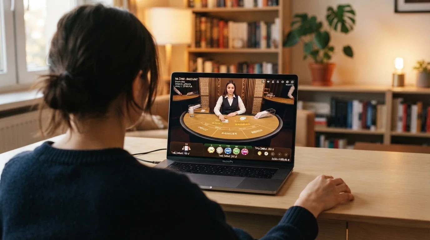 Krupier na żywo przy stole do bakarata online, kamera z perspektywy gracza, interfejs zakładów na dole ekranu