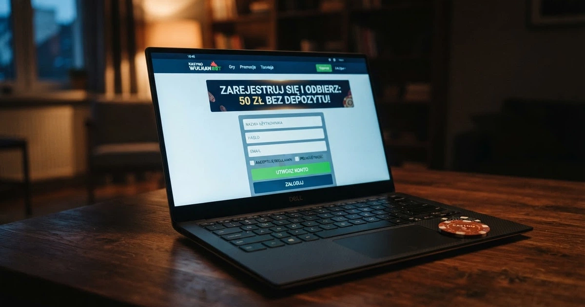 Strona główna kasyna online z widocznym banerem oferty bonusu bez depozytu i polem rejestracji