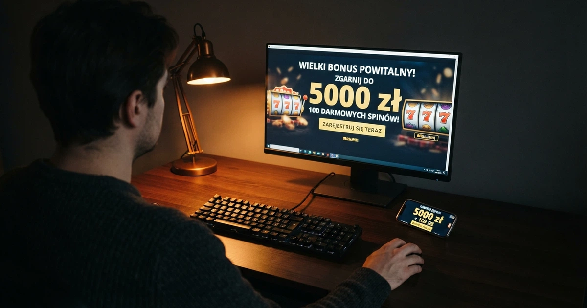 Ekran powitalny kasyna online z widocznym bonusem 25 euro za rejestrację, na monitorze i telefonie