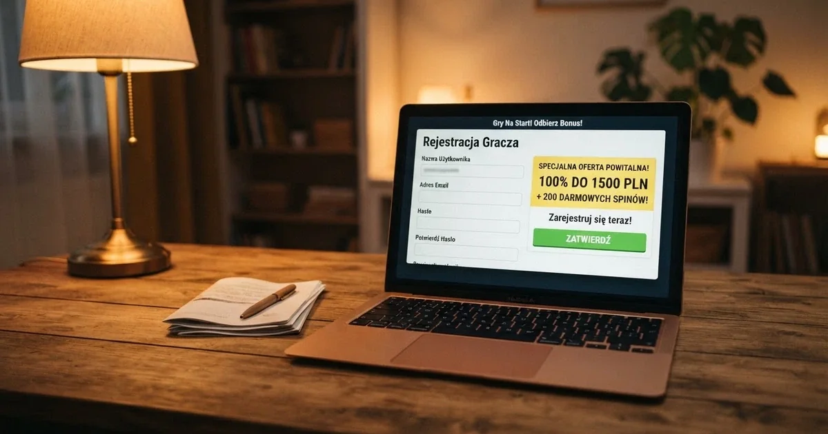 Strona rejestracyjna kasyna online z formularzem i widoczną ofertą bonusu bez depozytu na ekranie laptopa