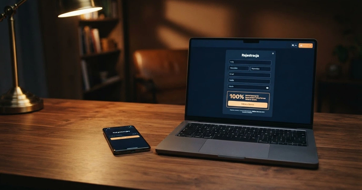 Ekran smartfona i laptopa wyświetlające stronę rejestracji w kasynie online z widocznym polem na kod promocyjny i przyciskiem „Odbierz bonus” — bez logo żadnego operatora, neutralny interfejs w ciemnej tonacji