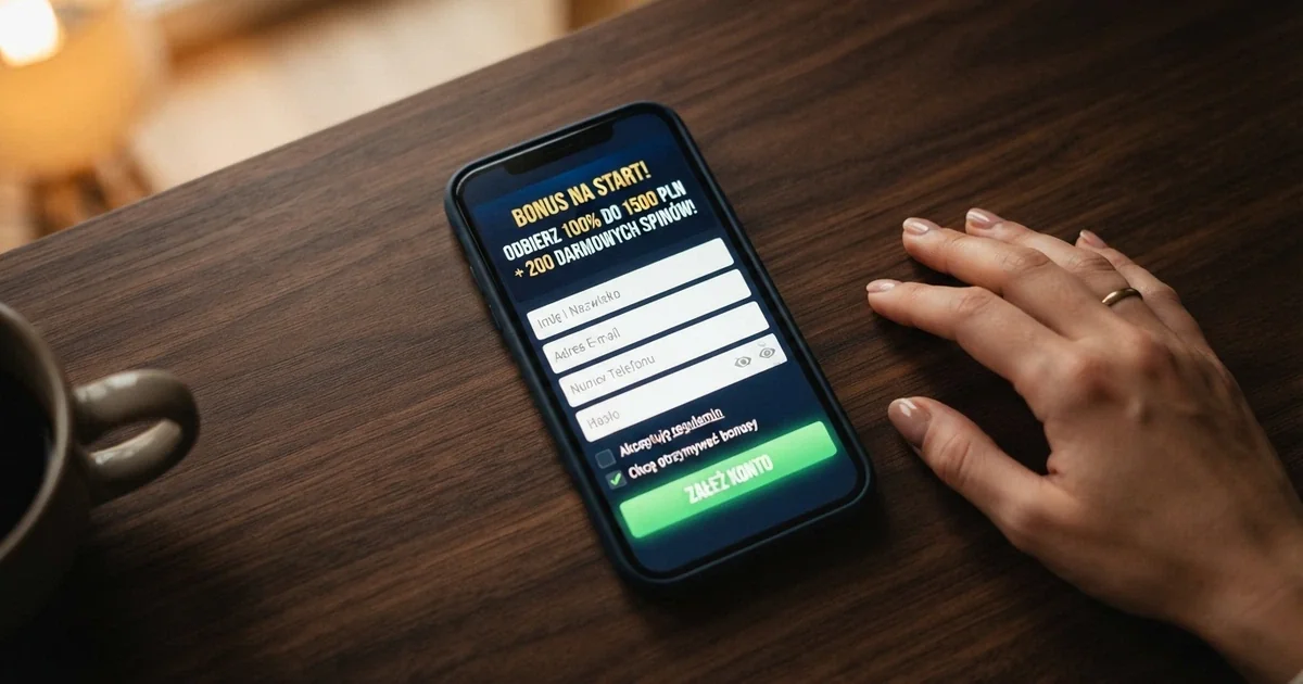 Zbliżenie na ekran smartfona z otwartą stroną rejestracji w kasynie online i widocznym komunikacie o bonusie powitalnym bez depozytu