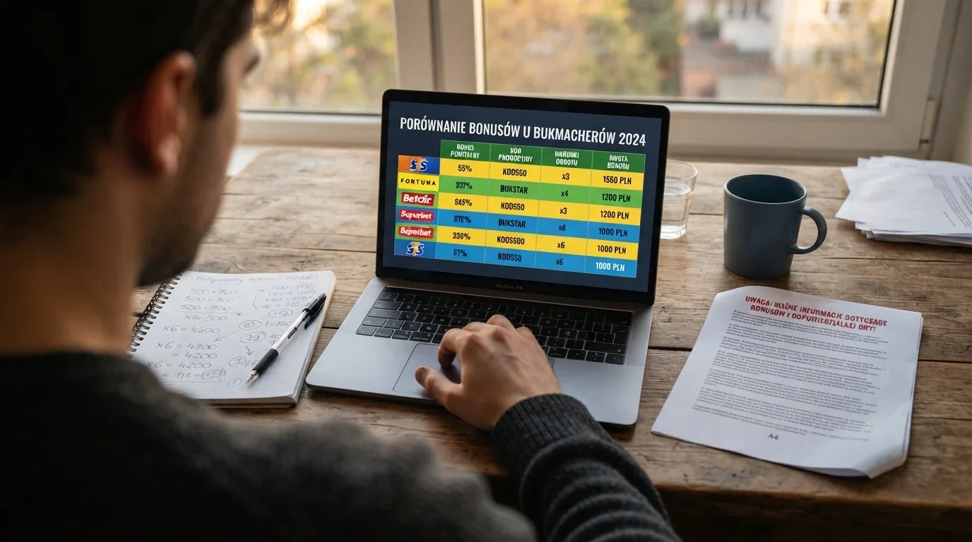 Gracz przy biurku, porównujący oferty bonusów na ekranie laptopa — obok kalkulator, notatki z warunkami obrotu i wydruk ostrzeżenia MF