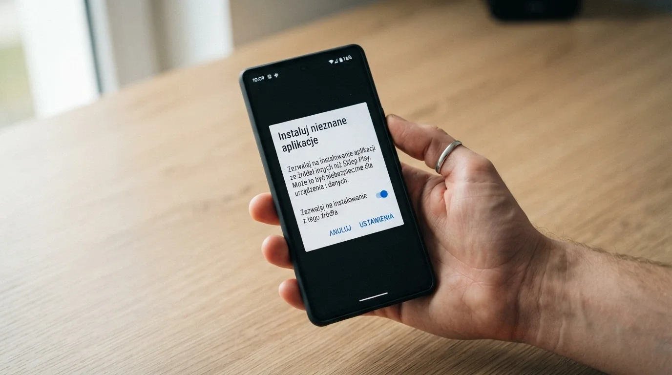 Ekran telefonu z Androidem pokazujący komunikat systemowy „Zezwól na instalację z nieznanych źródeł” podczas pobierania pliku APK kasyna
