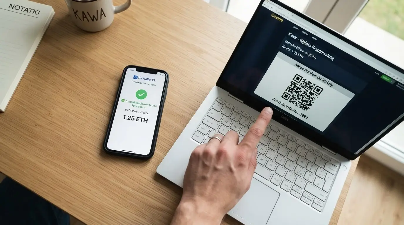 Ekran portfela kryptowalutowego z transakcją ADA i otwarta strona kasyna z adresem wpłaty
