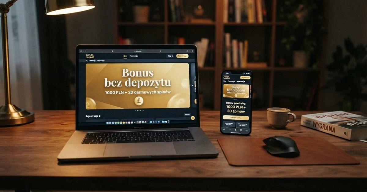 Strona kasyna online z widocznym banerem „Bonus bez depozytu” na ekranie laptopa, obok ekran smartfona z tą samą ofertą