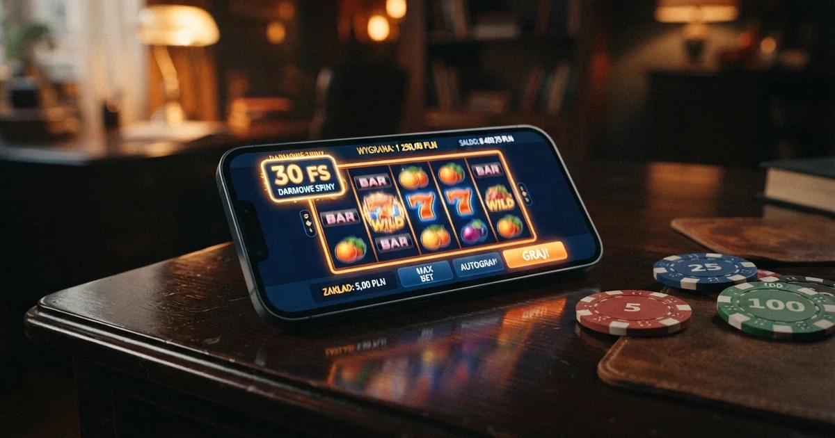 Ekran smartfona wyświetlający slot online z symbolem darmowych spinów i licznikiem 30 FS, na ciemnym tle interfejsu kasyna
