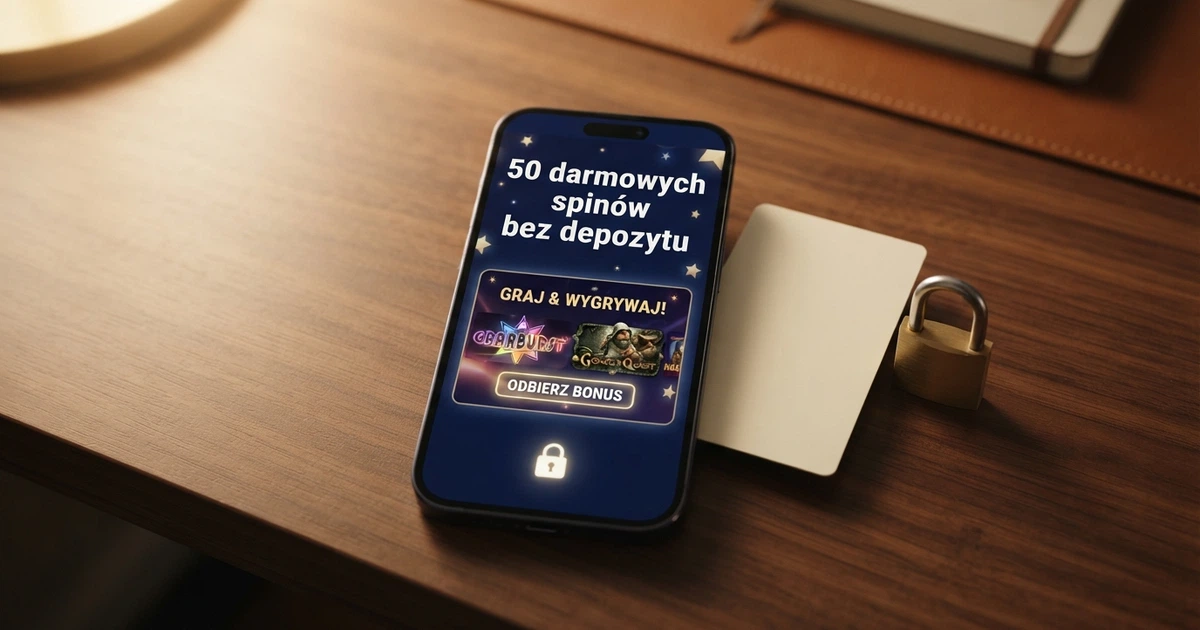 Zbliżenie na ekran smartfona z otwartą stroną kasyna online, na której widnieje baner „50 darmowych spinów bez depozytu” — obok karta rejestracyjna i symbol kłódki.