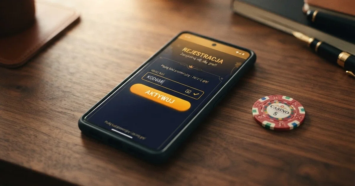 Ekran kasyna online z widocznym polem na wpisanie kodu promocyjnego i przyciskiem aktywacji bonusu bez depozytu