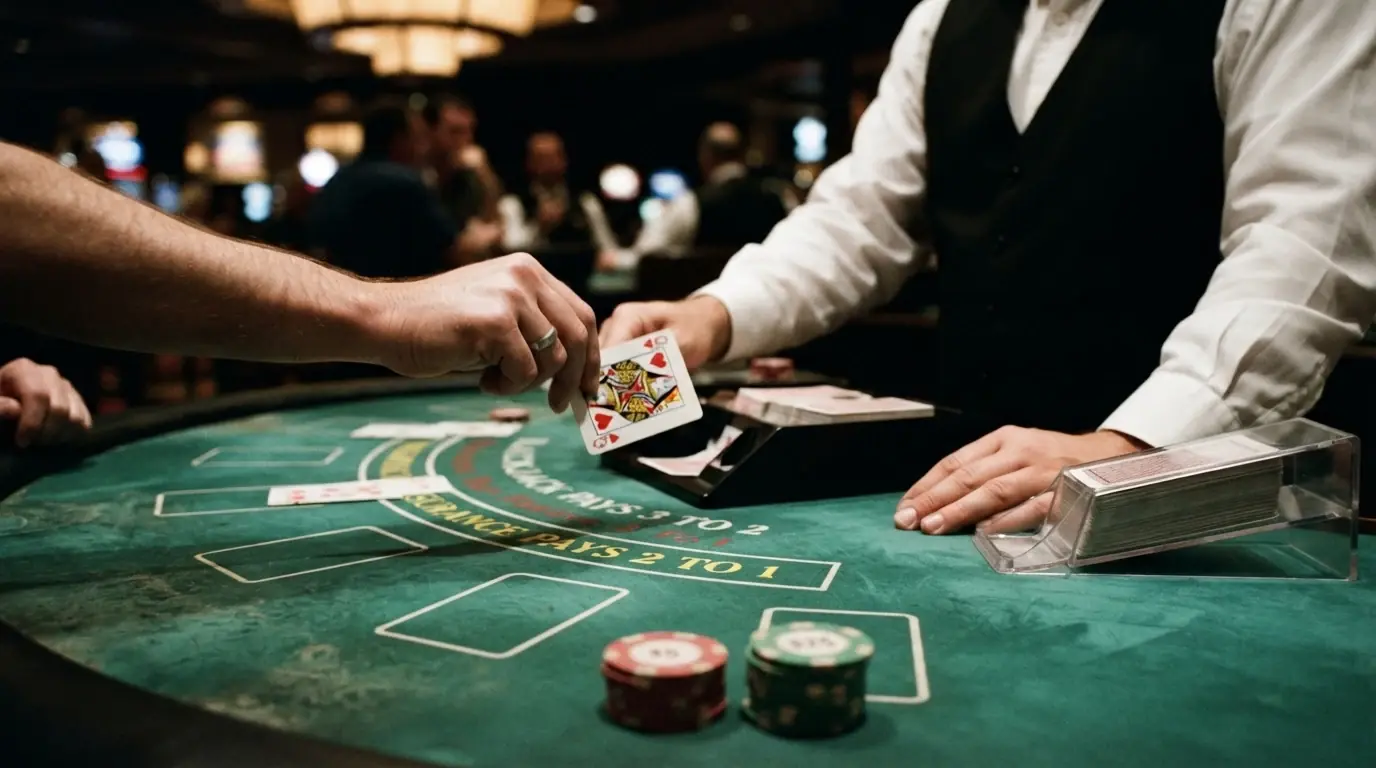 Krupier w białej koszuli rozdający karty z buta na stół do blackjacka na żywo