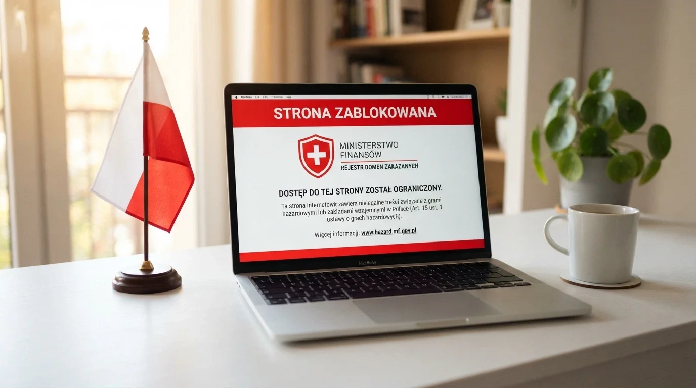 Dokument urzędowy i flaga Polski obok ekranu z komunikatem ostrzegawczym przed nielegalnym hazardem