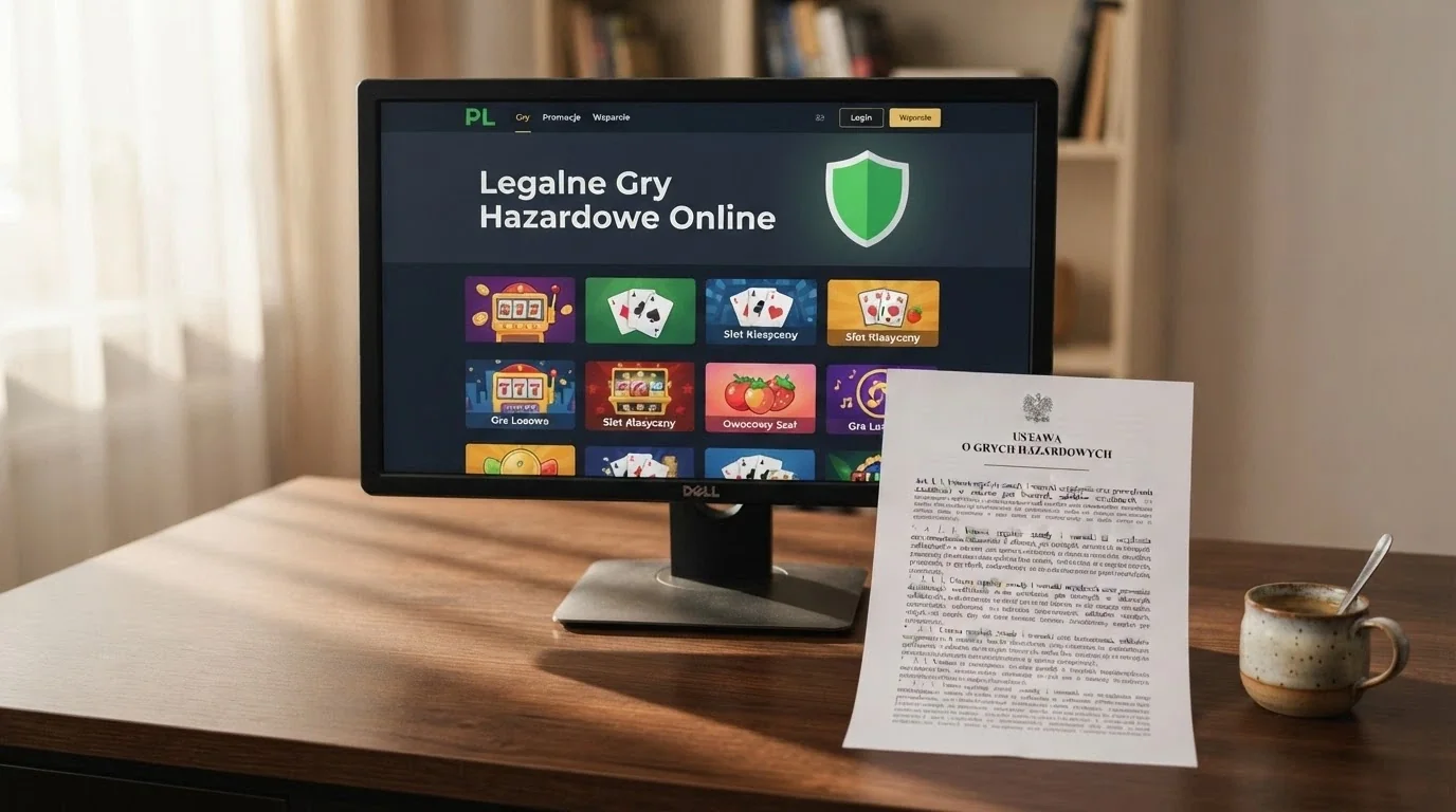 Strona Total Casino na ekranie komputera, obok dokument z logo Ministerstwa Finansów i fragmentem ustawy o grach hazardowych