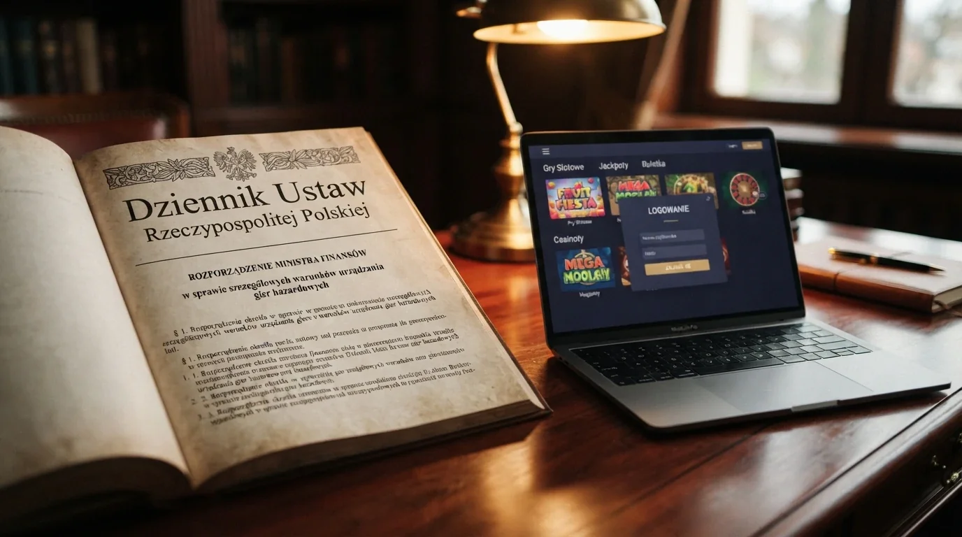 Fragment Dziennika Ustaw — „ustawa z dnia 19 listopada 2009 r. o grach hazardowych” obok logo Ministerstwa Finansów i ekranu Total Casino na laptopie