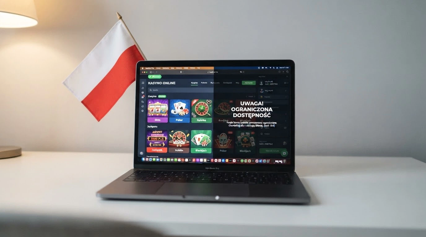Ekran podzielony na pół: logo Total Casino na tle polskiej flagi po lewej, loga kasyn offshore na szarym tle po prawej