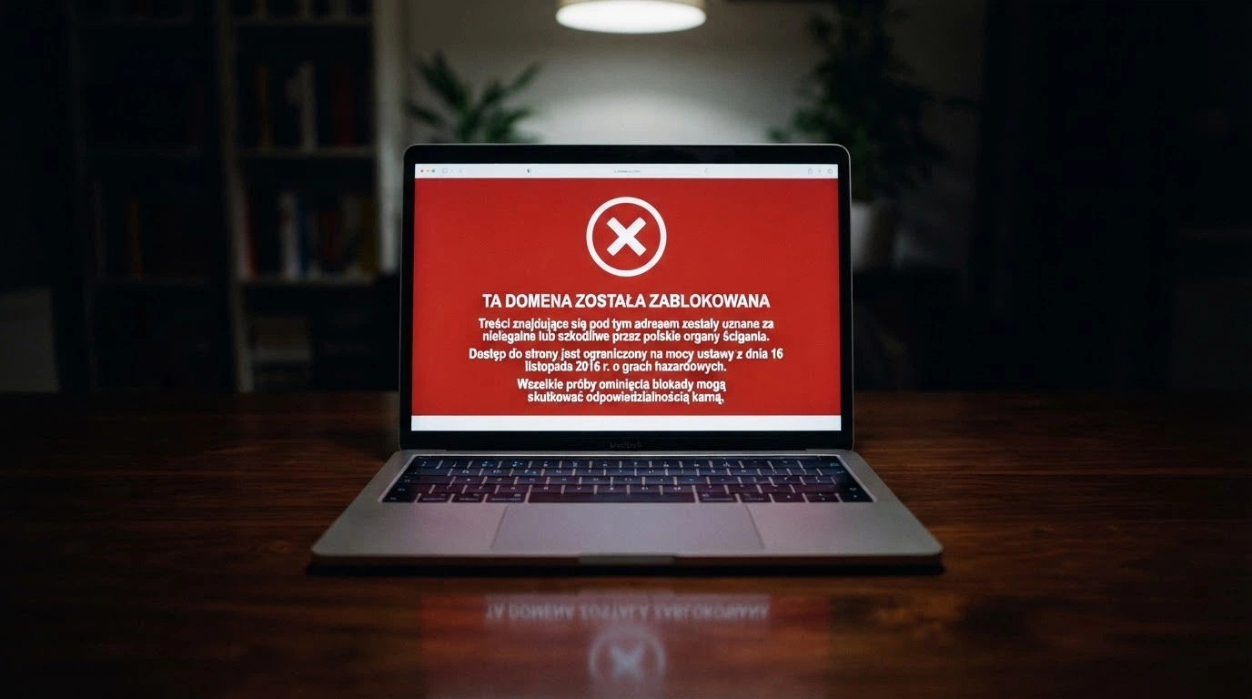 Dokument urzędowy z pieczęcią Ministerstwa Finansów leżący obok klawiatury, na ekranie monitora widoczna strona Rejestru Domen hazardowych MF z licznikiem ~56 000 wpisów