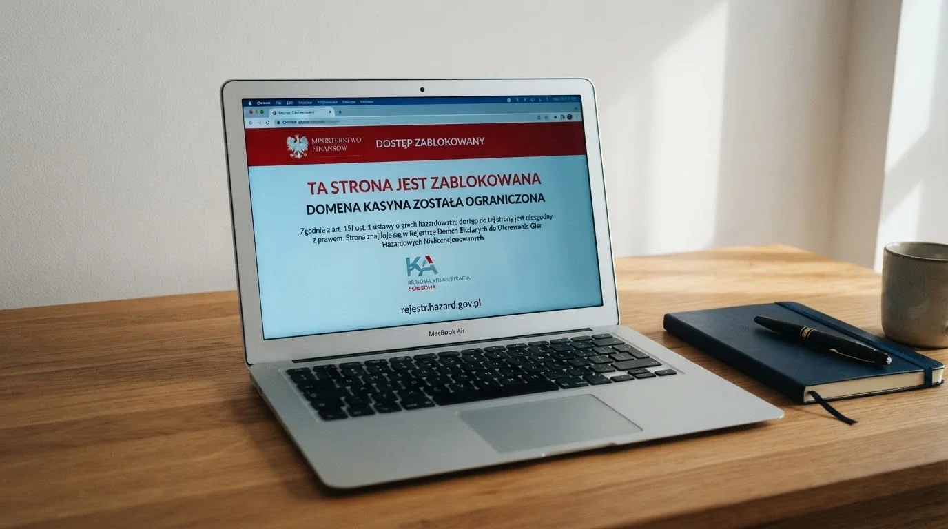 Dokument urzędowy — ustawa o grach hazardowych obok ekranu z zablokowaną domeną kasyna