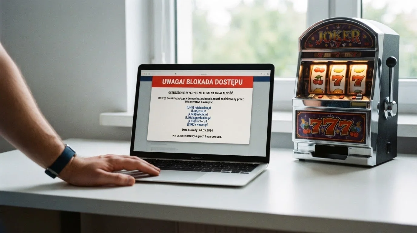 Ekran z oficjalnego rejestru Ministerstwa Finansów i komunikat ostrzegawczy KAS na tle symboli automatu — kontrast między legalną a nielegalną ofertą