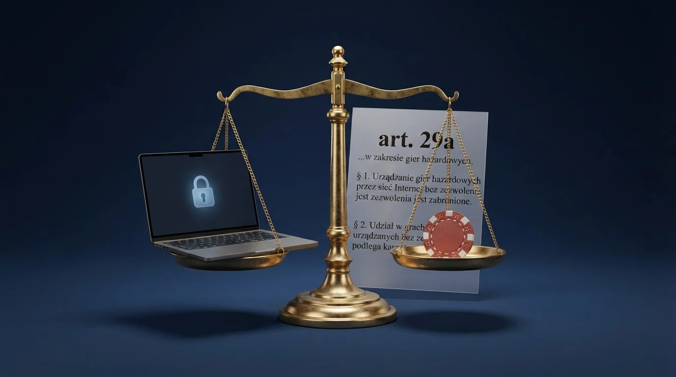 Paragraf ustawy o grach hazardowych wyświetlony na ekranie, obok symbol wagi i ikona VPN przekreślona nad kasynem