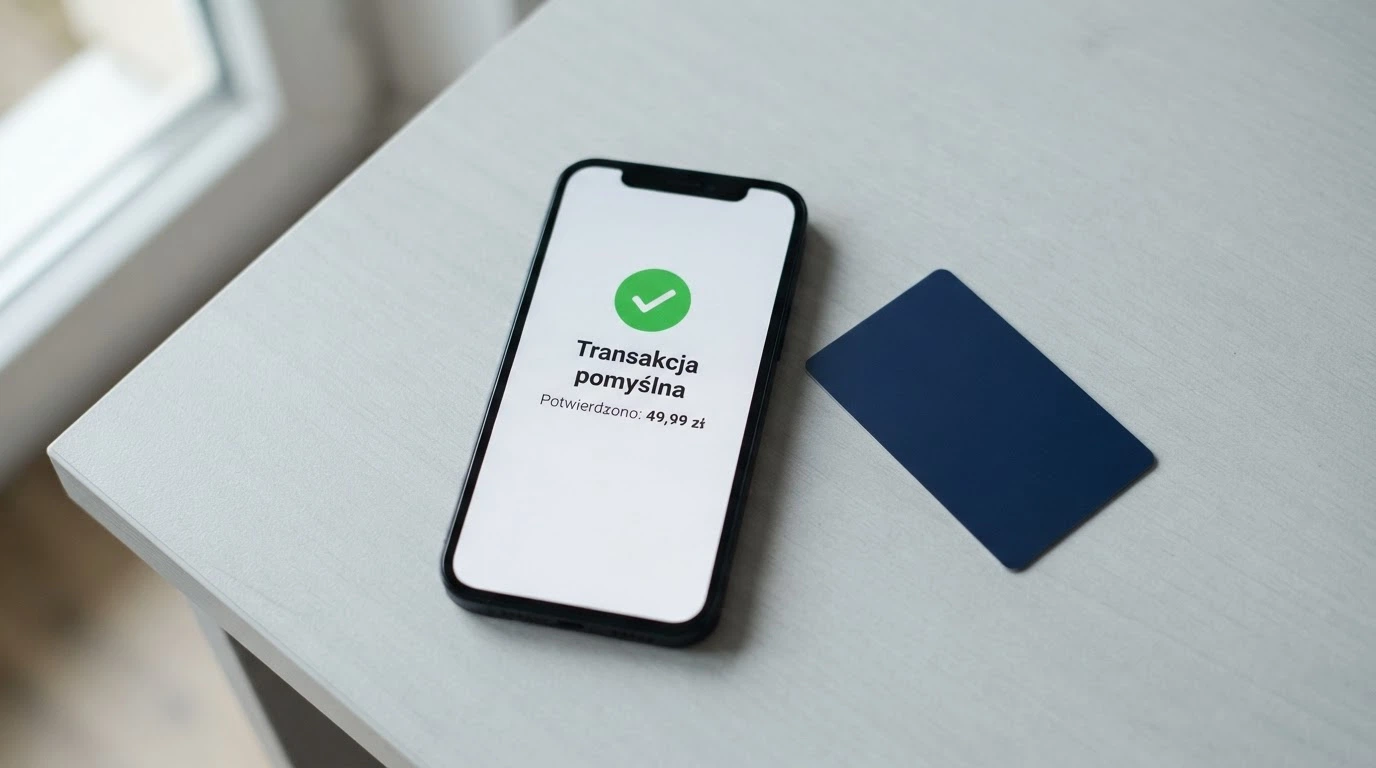 Ekran smartfona z interfejsem płatności BLIK, obok karta Visa i logo Przelewy24