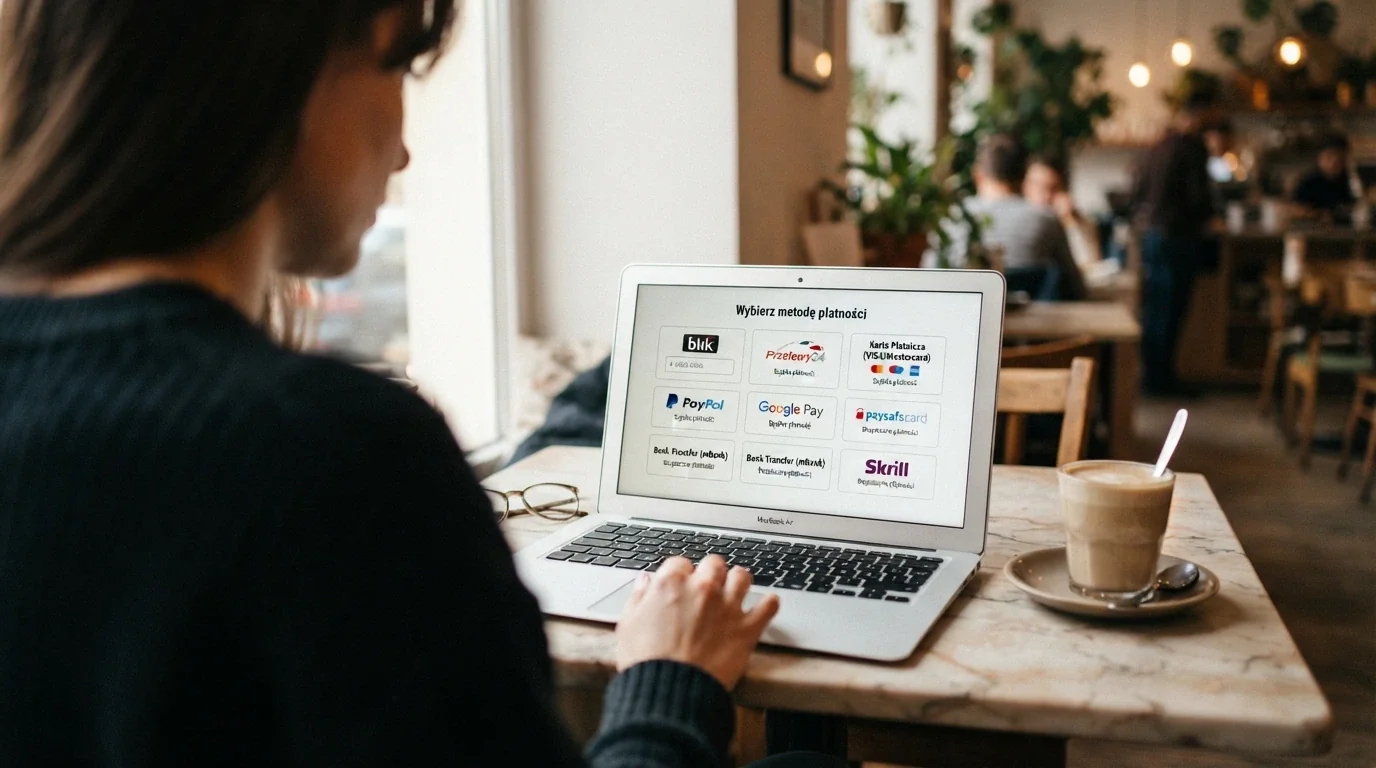 Ekran wyboru metody płatności w kasynie online — BLIK, Przelewy24, Visa, Skrill i Paysafecard obok siebie