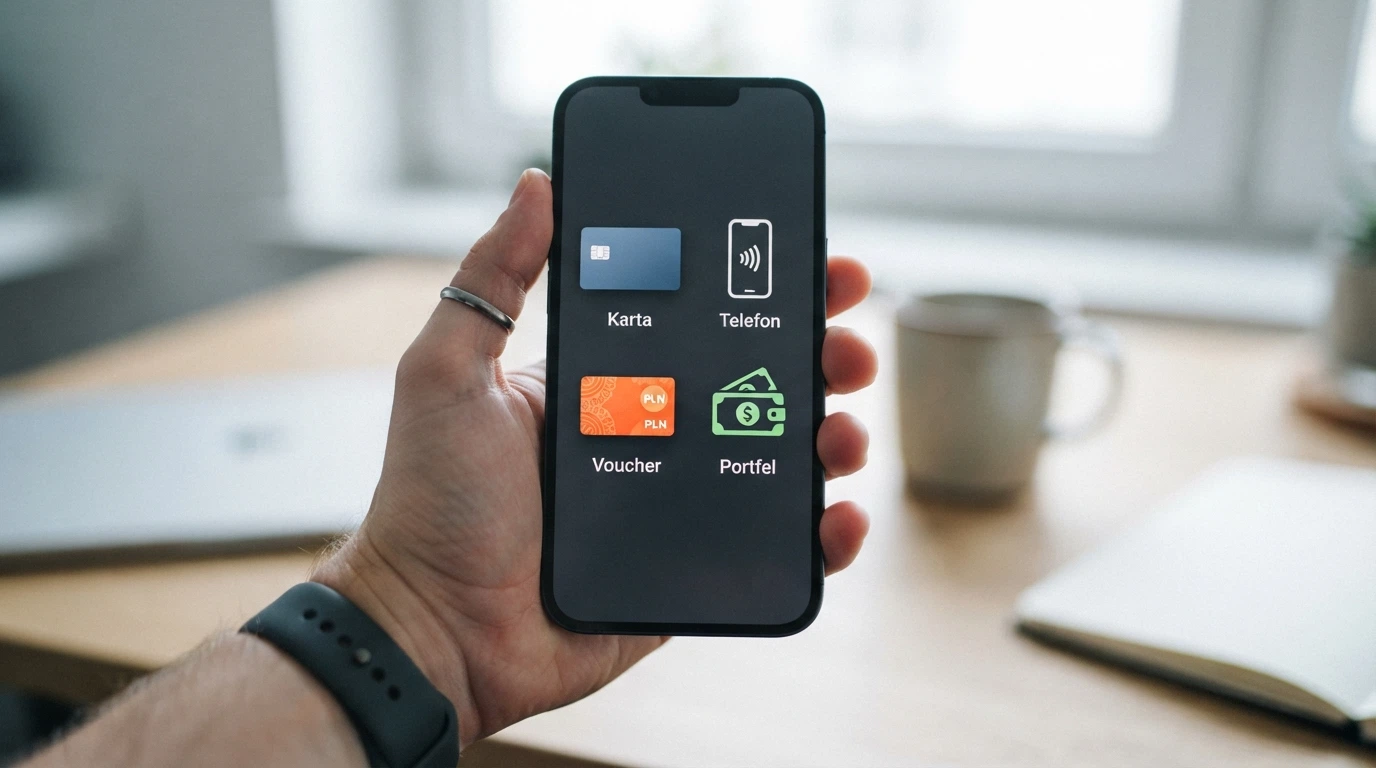 Zbliżenie na ekran telefonu pokazujący panel wyboru metody płatności w kasynie online — widoczne logo BLIK, Visa, Paysafecard i Skrill