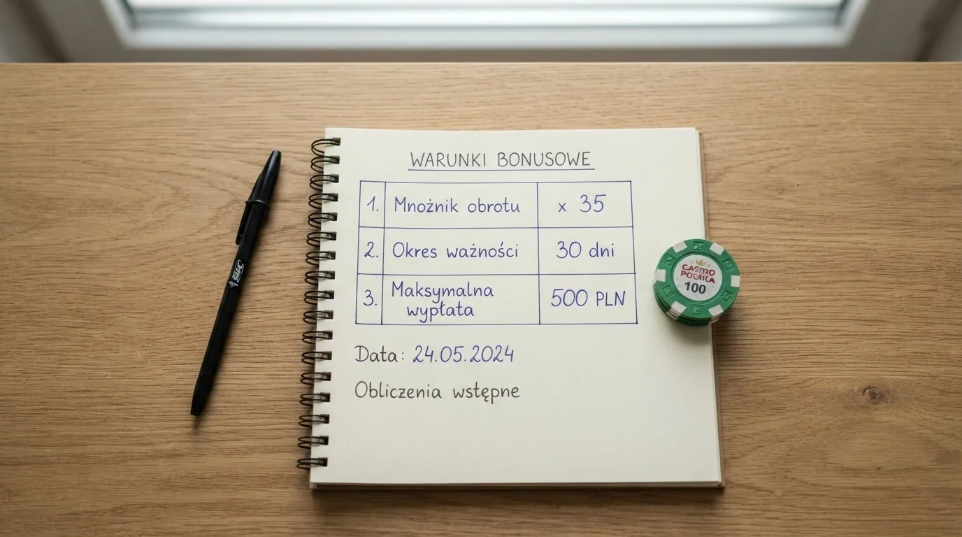 Zbliżenie na tabelę warunków bonusu: mnożnik obrotu, termin ważności, maksymalna wypłata