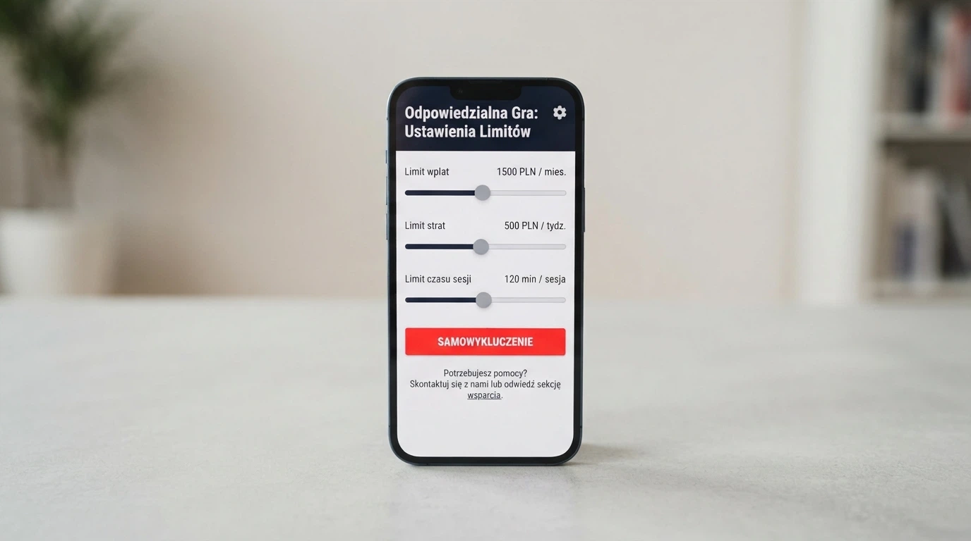 Panel ustawień odpowiedzialnej gry w kasynie online: suwaki limitów wpłat, strat i czasu sesji oraz przycisk samowykluczenia