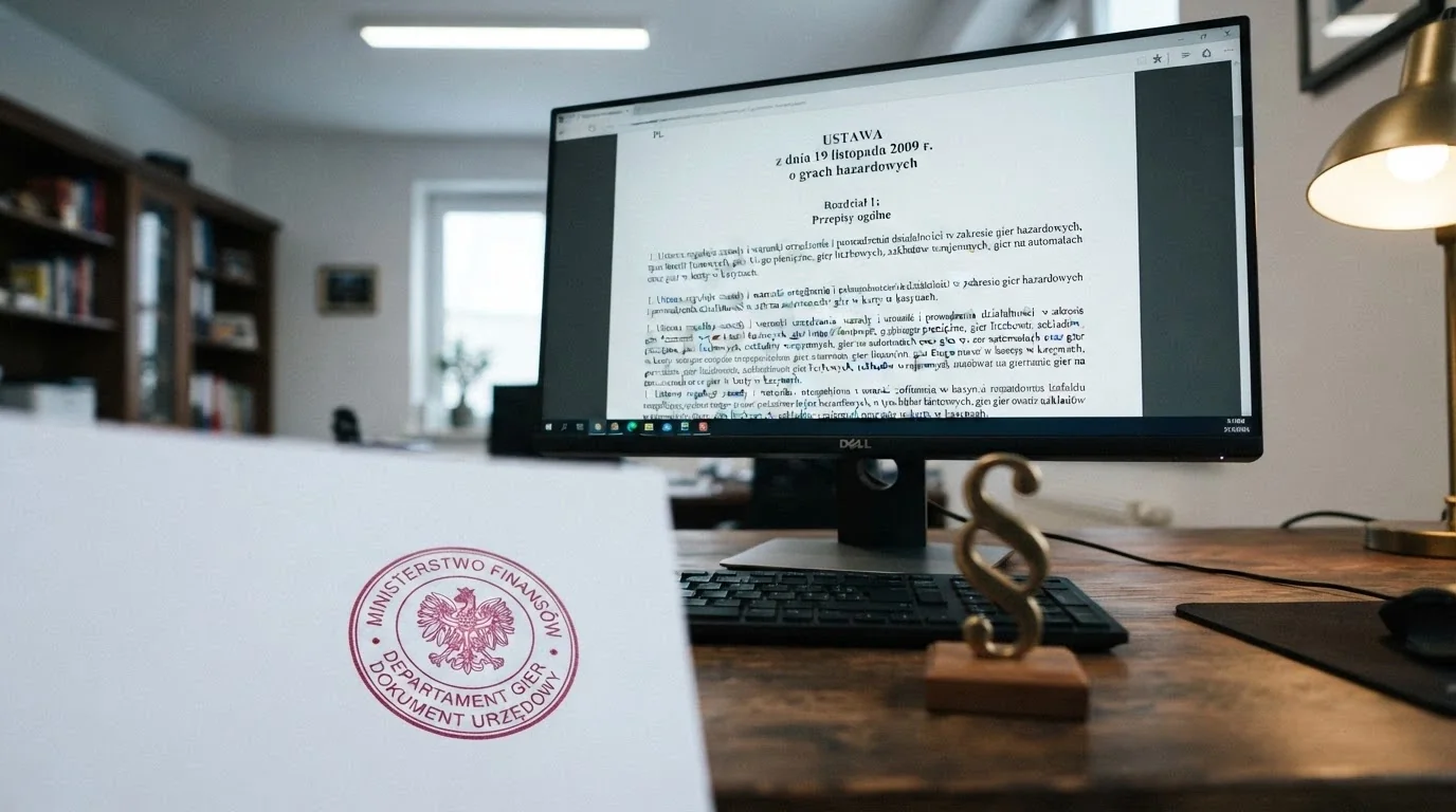 Fragment ustawy o grach hazardowych na ekranie monitora, obok pieczęć Ministerstwa Finansów i symbol paragrafu