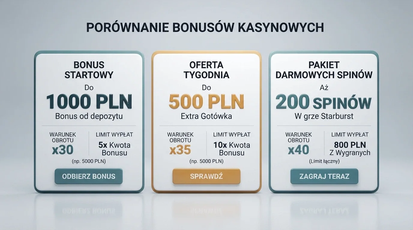 Zestawienie kart graficznych — każda z nazwą kasyna, kwotą bonusu, mnożnikiem obrotu i limitem wypłaty, ułożone od najniższego wageru