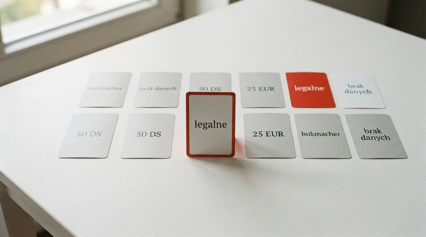 Zestawienie dziesięciu kart operatorów ułożonych na stole — jedna z przodu, biało-czerwona, wyraźnie oznaczona „Total Casino — legalne”, pozostałe w odcieniach szarości, każda z krótkim podpisem określającym typ oferty („50 DS”, „25 EUR”, „bukmacher”, „brak danych”)