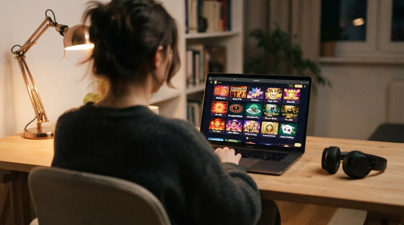 Zestawienie interfejsów pięciu kasyn online na ekranie laptopa z widocznymi sekcjami bonusów powitalnych