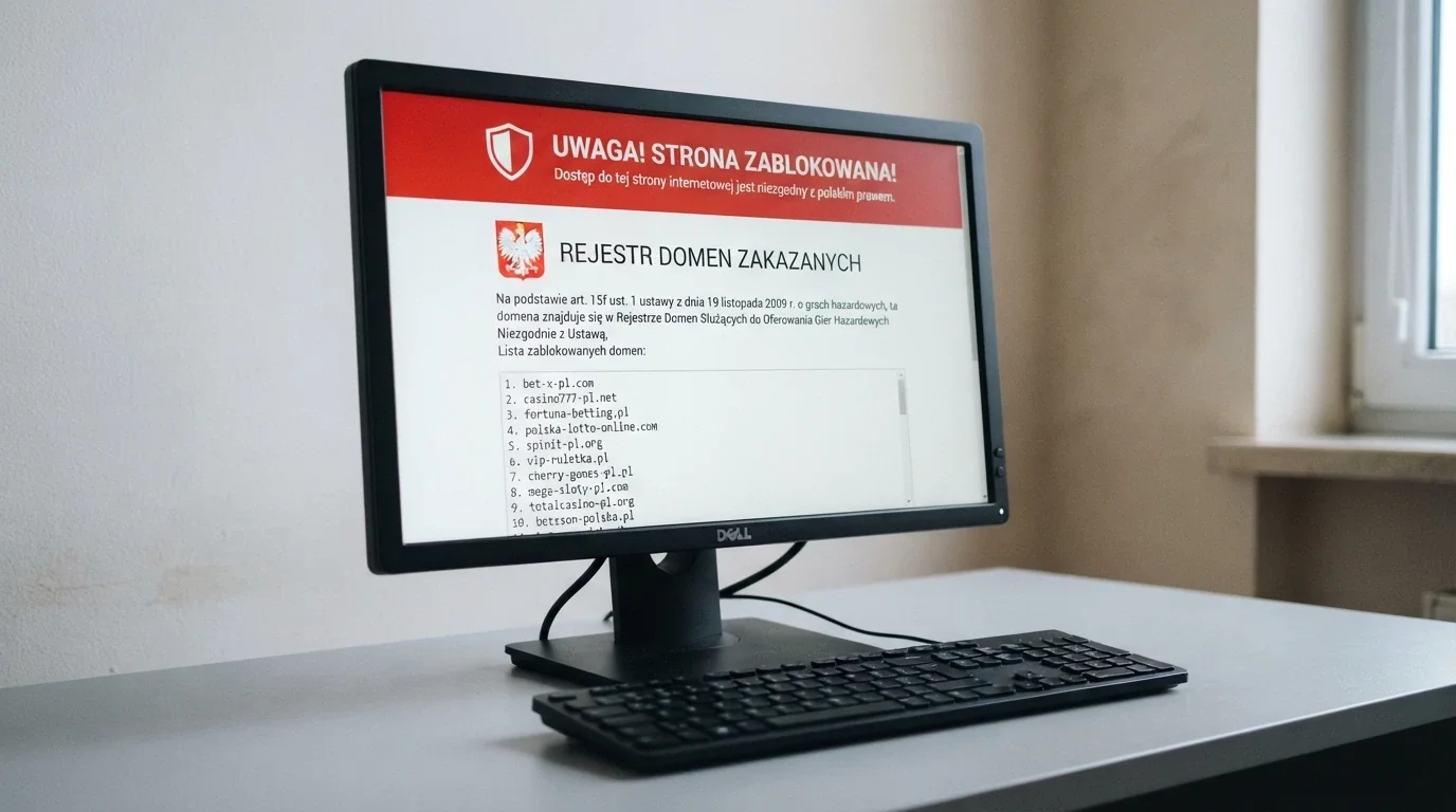 Ekran z ostrzeżeniem Ministerstwa Finansów przed nielegalnym hazardem i lista zablokowanych domen