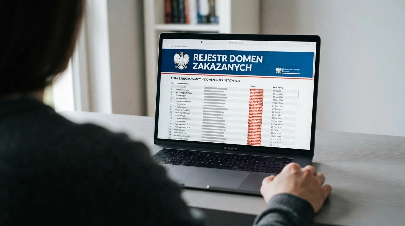 Zrzut ekranu przedstawiający Rejestr Domen hazardowych Ministerstwa Finansów z listą zablokowanych witryn