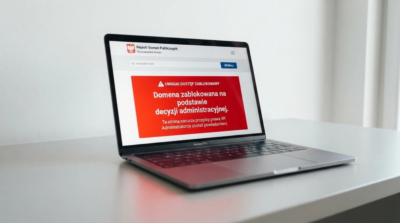 Fragment strony hazard.mf.gov.pl z widocznym polem wyszukiwania Rejestru Domen oraz logo Ministerstwa Finansów — w tle ekran z komunikatem o zablokowaniu domeny.