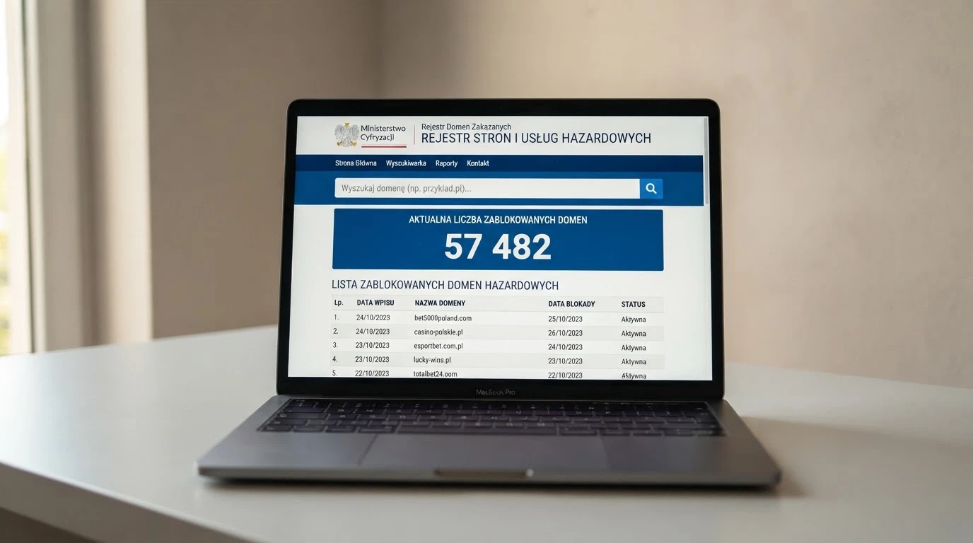 Strona Rejestru Domen hazard.mf.gov.pl z widocznym polem wyszukiwania, licznikiem wpisów i listą zablokowanych domen