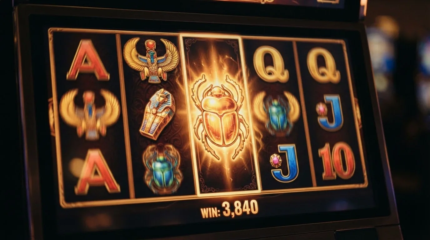 Zbliżenie na ekran automatu Book of Ra Deluxe z widocznymi bębnami, symbolem Explorera i licznikiem wygranej