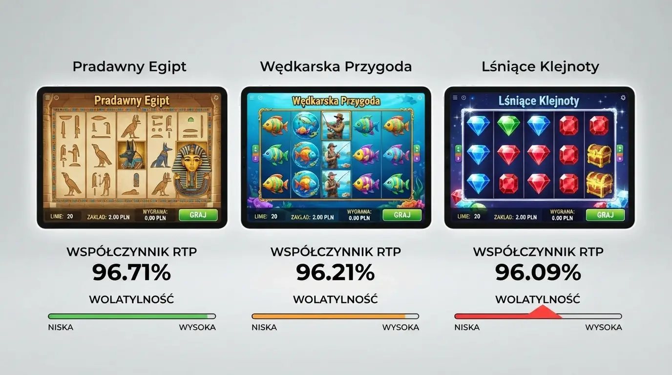 Zbliżenie na ekran z trzema slotami obok siebie: Book of Dead, Big Bass Bonanza i Starburst — każdy z widocznym polem RTP i paskiem zmienności