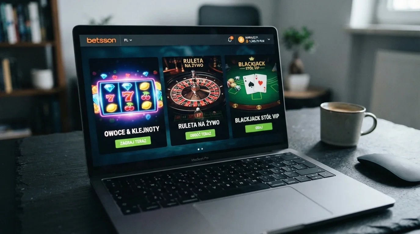 Kolaż ekranów: automat slotowy, stół do ruletki i interfejs blackjacka z widocznym saldem w ADA