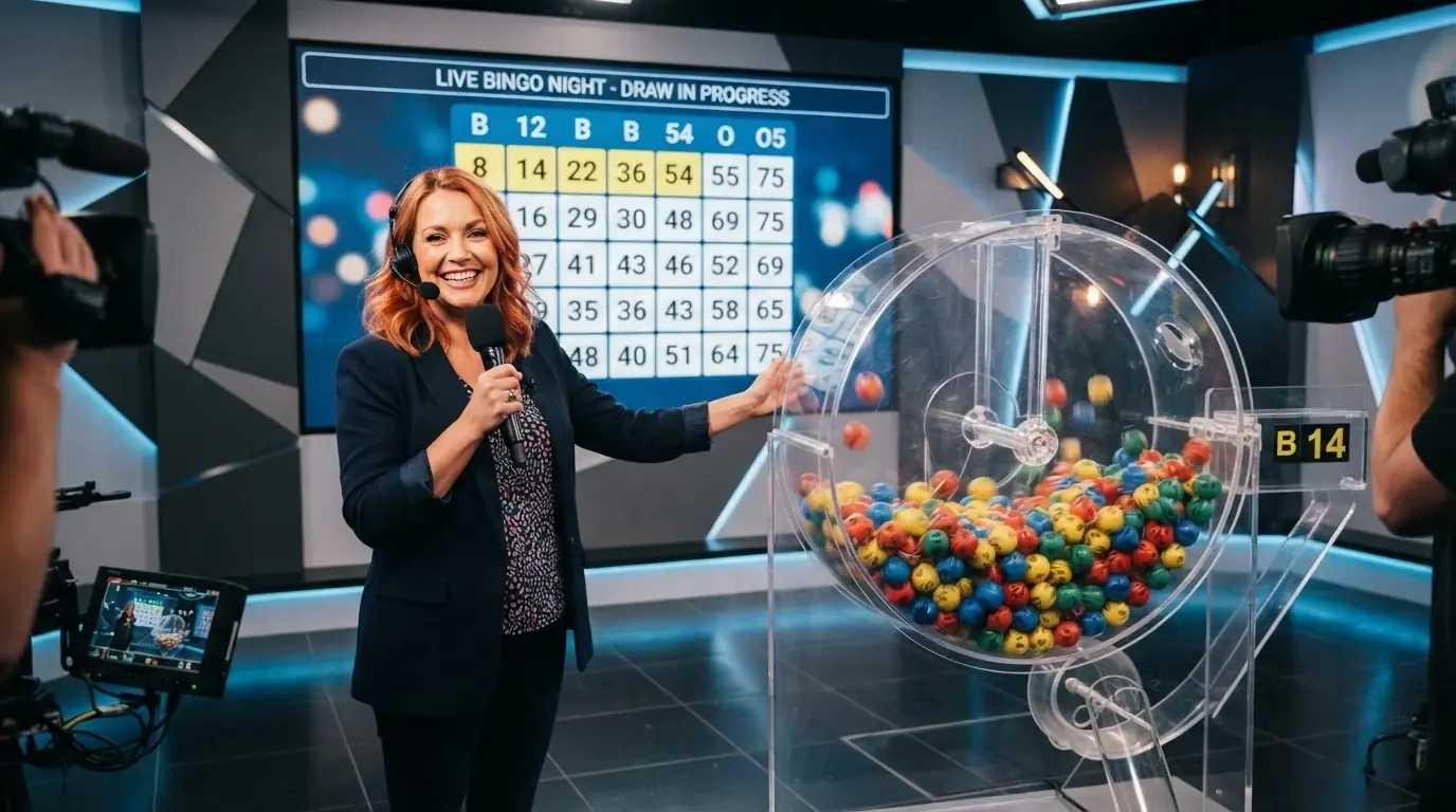 Krupier przy kole losującym w studiu bingo na żywo, z kartami graczy widocznymi na ekranie transmisji