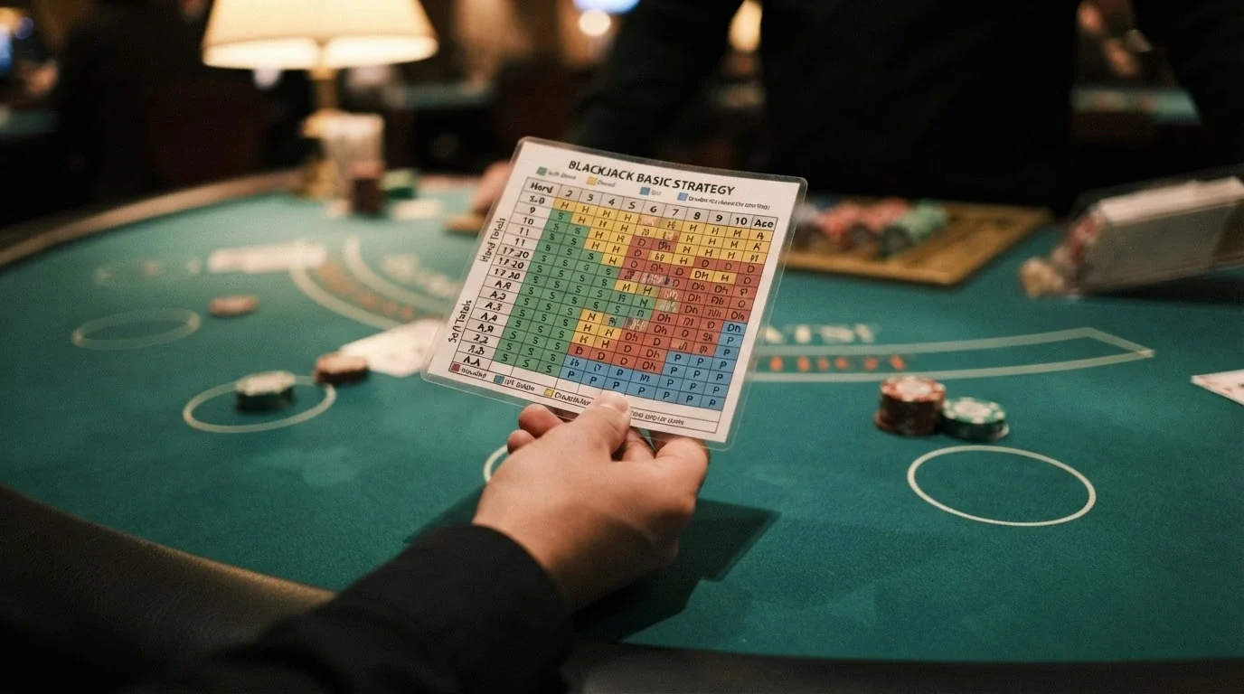 Uproszczona tabela strategii podstawowej blackjacka z decyzjami hit, stand, double i split