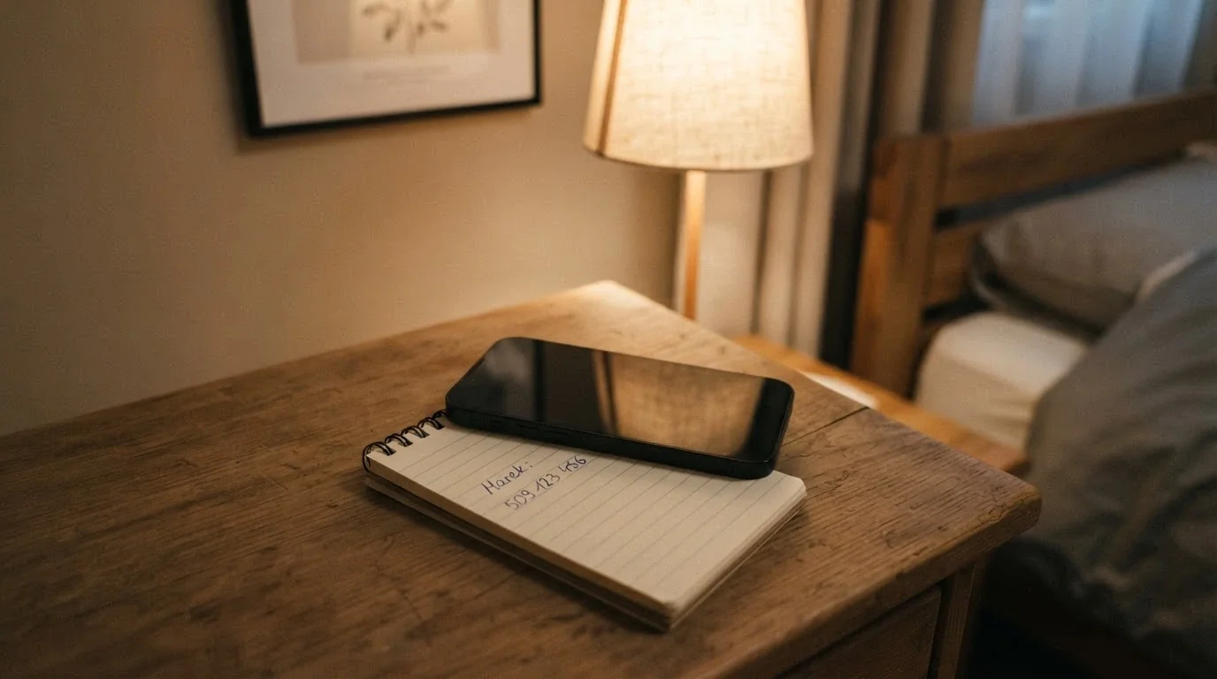 Słuchawka telefonu na tle kartki z odręcznie zapisanym numerem telefonu zaufania