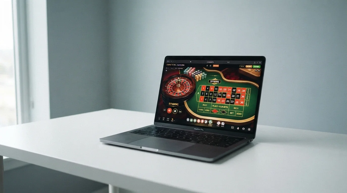 Logo Total Casino na ekranie laptopa obok dokumentu z pieczęcią Ministerstwa Finansów