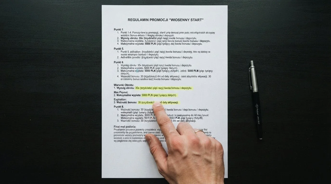 Zbliżenie na fragment regulaminu bonusowego z zaznaczonym warunkiem obrotu, limitem wypłaty i datą ważności