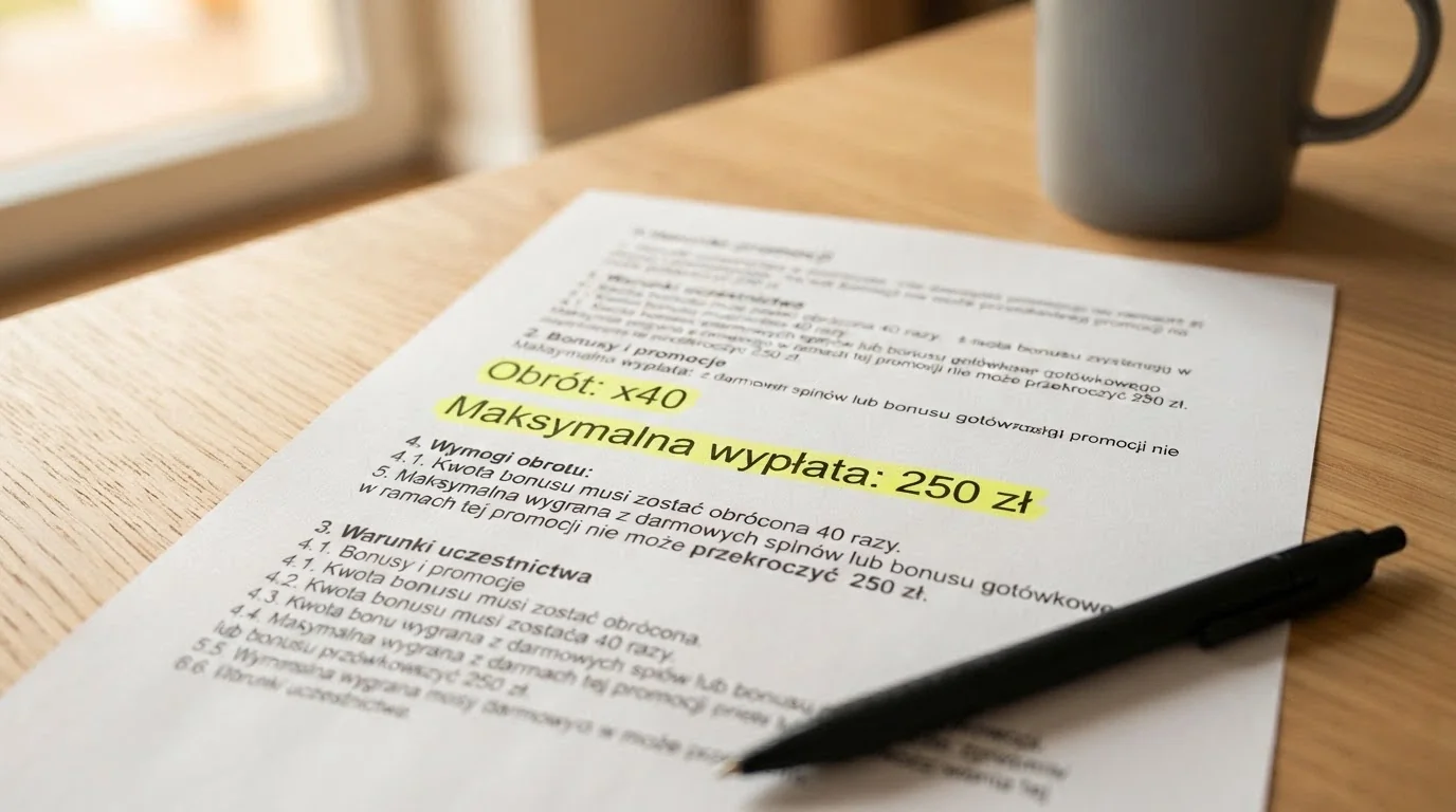 Zbliżenie na fragment regulaminu promocji z podkreślonym warunkiem obrotu (x40) i maksymalną wypłatą (250 zł)