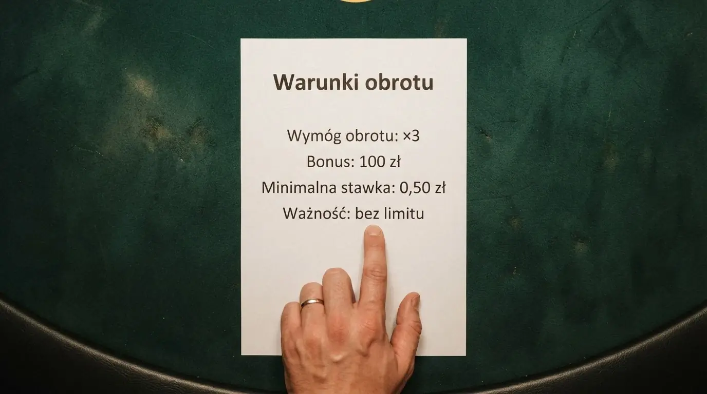 Zbliżenie na tabelę warunków obrotu bonusem: wymóg obrotu x30, limit wypłaty i termin ważności w regulaminie kasyna