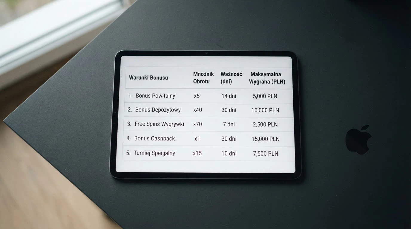 Zbliżenie na tabelę warunków promocji z widocznym mnożnikiem obrotu, okresem ważności i limitem maksymalnej wypłaty