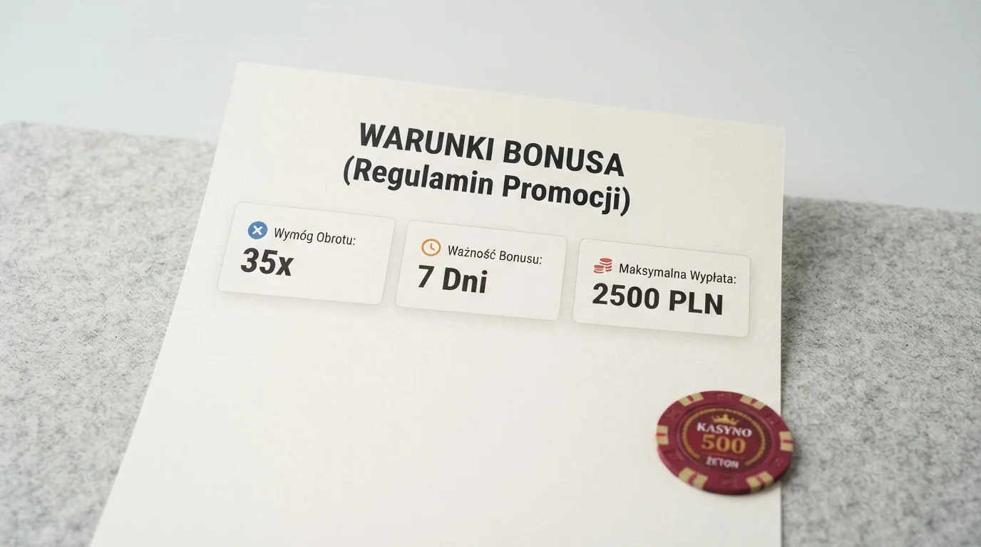 Zbliżenie na sekcję warunków bonusu w regulaminie kasyna — widoczne pola: wager, ważność, limit wypłaty