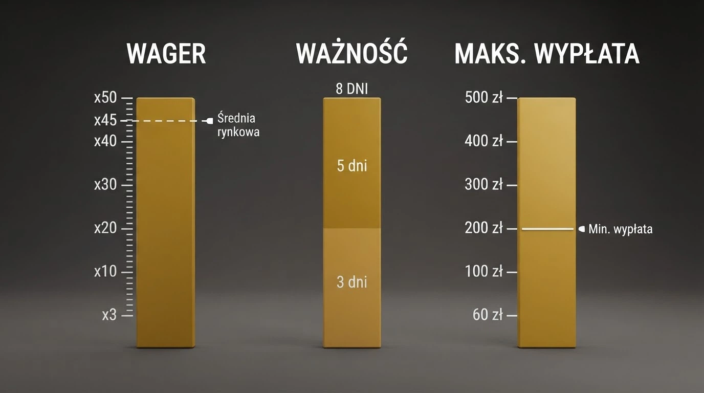 Zbliżenie na tabelę z warunkami bonusu: mnożnik obrotu, limit czasowy i maksymalna wypłata